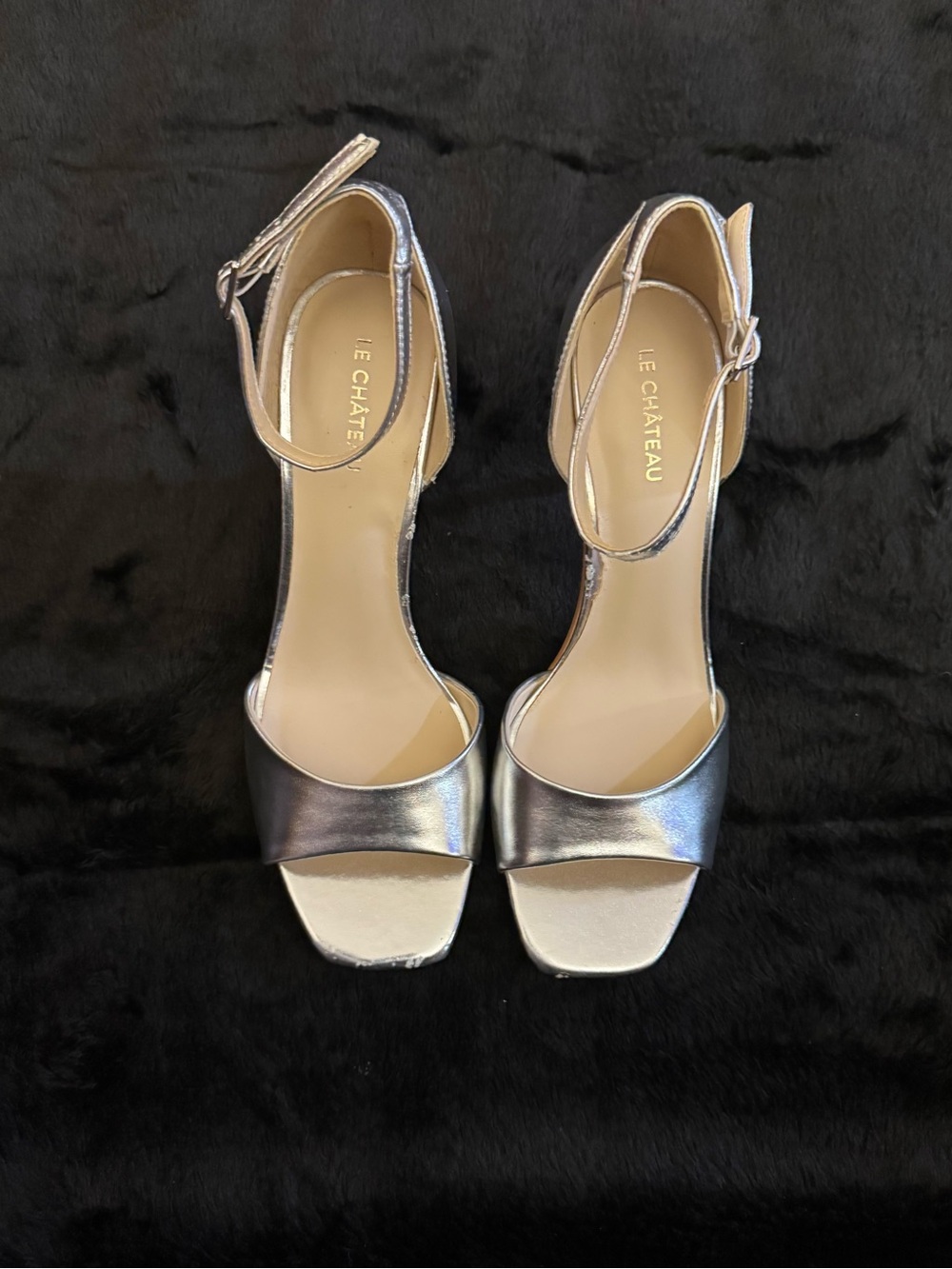 le chateau Metallic Silver Open-Toe Ankle-Strap Wedding Stellito Heels